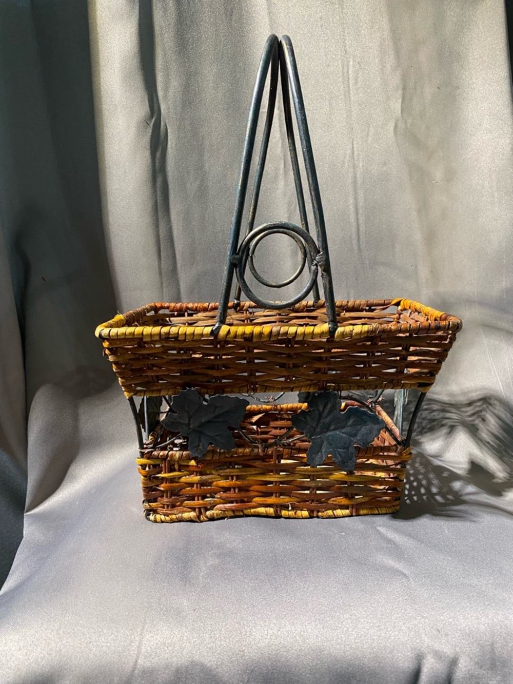 Vintage Farmhouse Wicker & Wrought Iron Basket with Metal Ivy Leaves